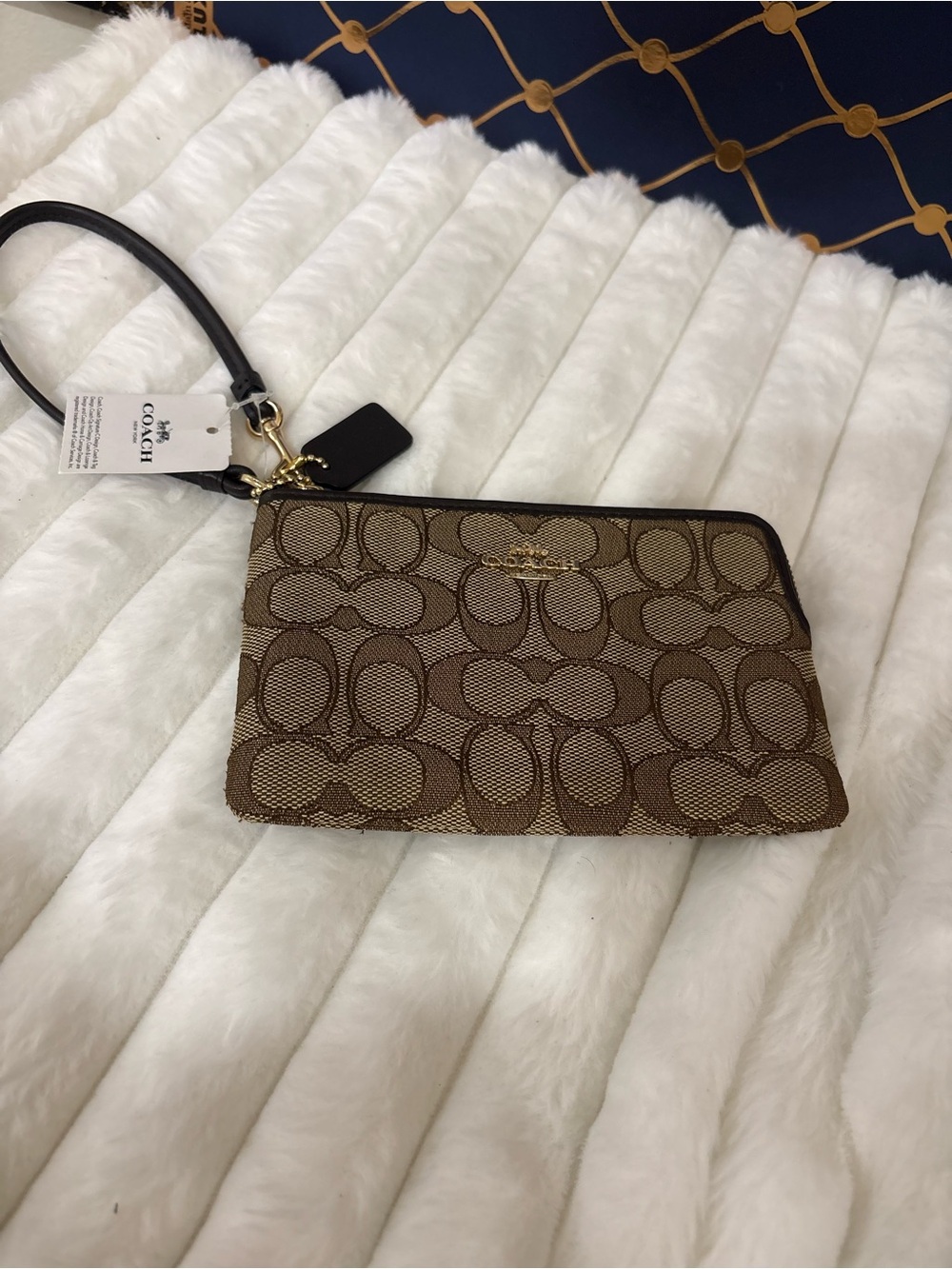 Coach Brown Signature Canvas Wristlet with Black Strap